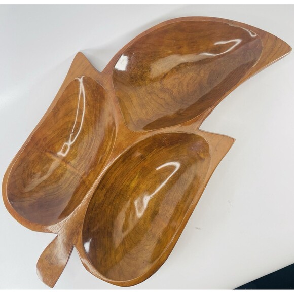 LARGE WOODEN VTG LEAF SHAPE Serving Candy Bowl Tray 3 Sections 18" X 10" MCM - Picture 1 of 14